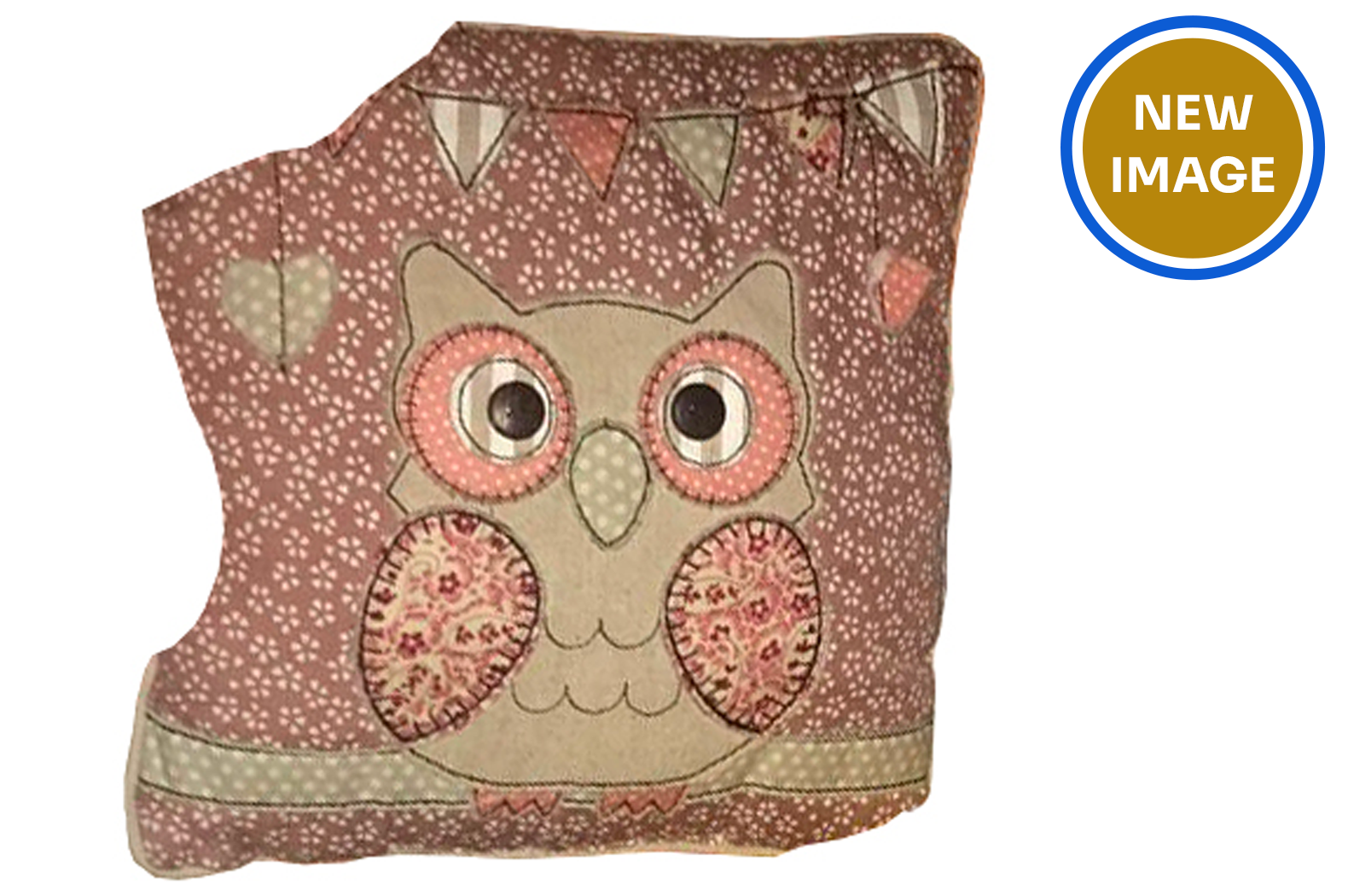 Maroon, pink and grey cushion depicting an owl and floral pattern