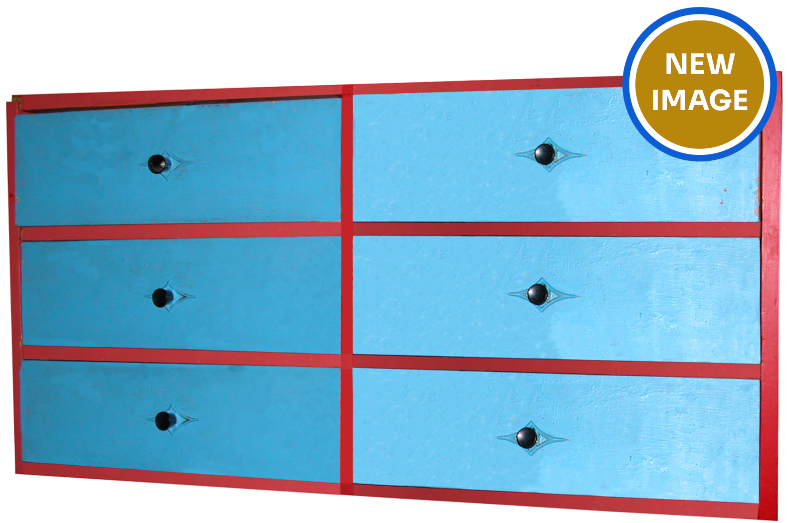 Six bright blue drawers with black handles inside a red frame