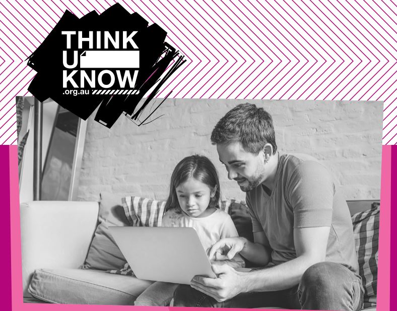 Image of dad and daughter on computer. includes ThinkUKnow logo 